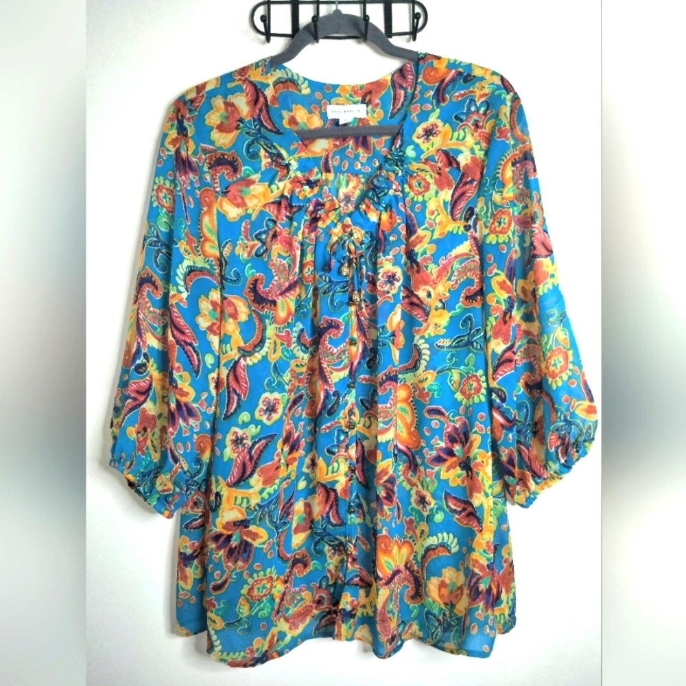 Susan Graver (Size XL) Multicolored Puff Sleeve Button Front Semi-Sheer Blouse